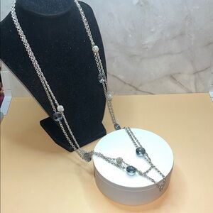 Modern Monet Silver Tone Swirl and Blue Rhinestone Beaded Layered Long Necklace